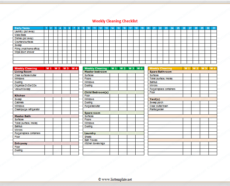 Weekly Cleaning Checklist (For Word)