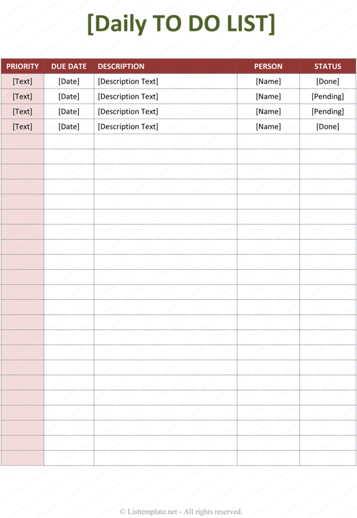 Daily Task List Template Excel from www.listtemplate.net