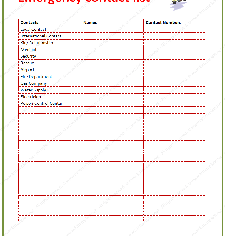 Contact List Template For Emergency