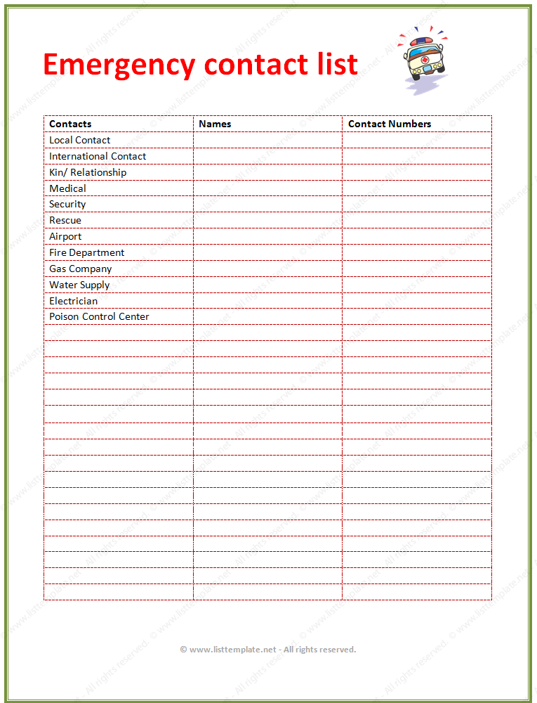 Contact List Template for Emergency