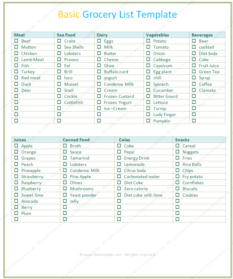 basic grocery and shopping list template