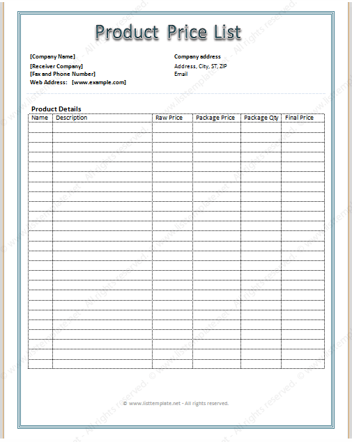 Price Sheet Template Free from www.listtemplate.net