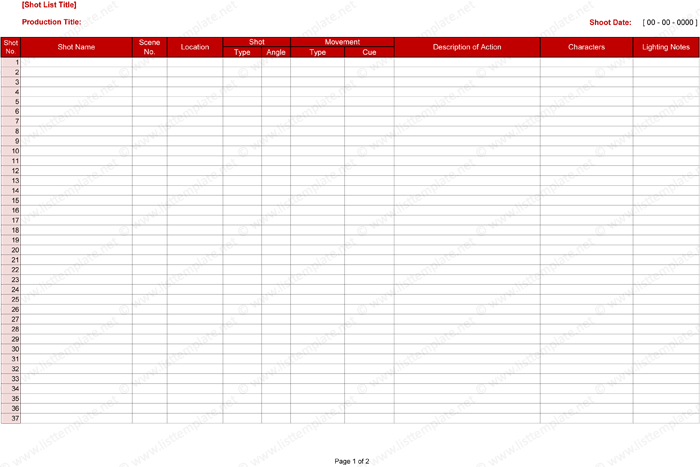 Shot List Template for Excel®