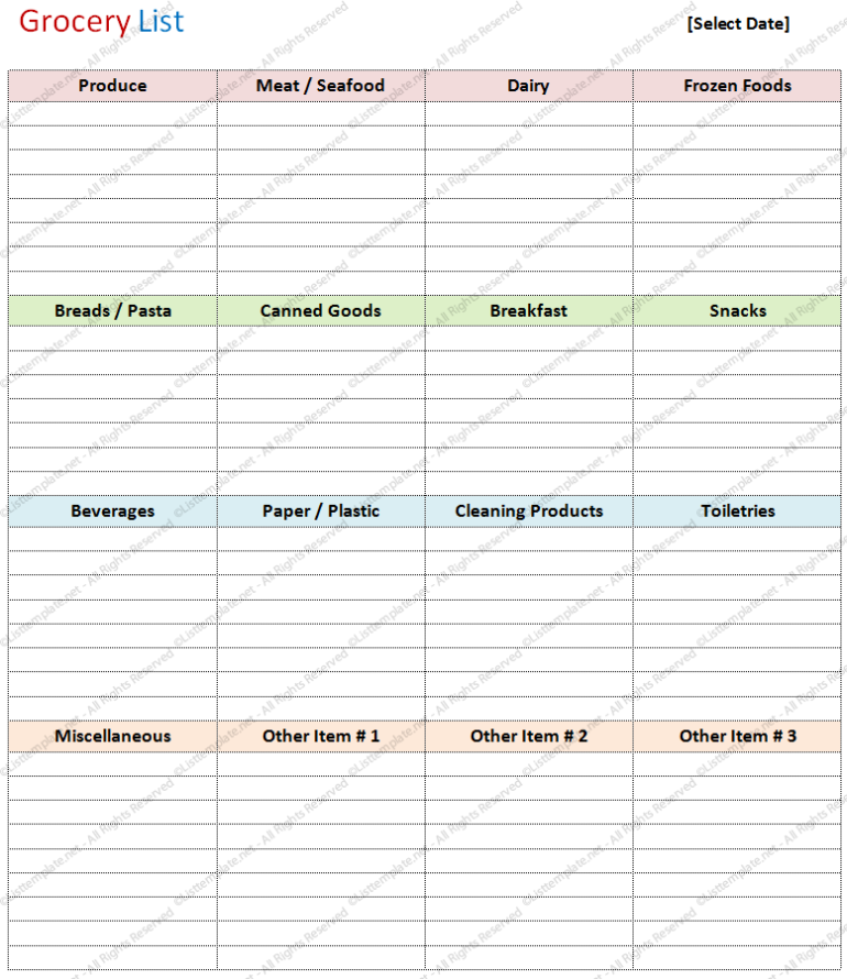 Blank Grocery List Template (Basic Format) - List Templates