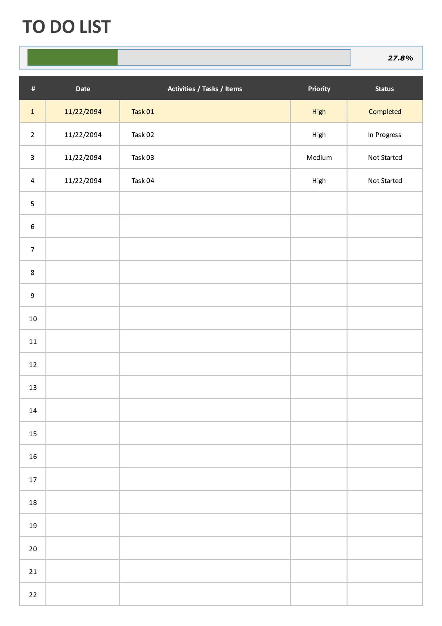 Project To Do List Template in Excel and Google Sheet