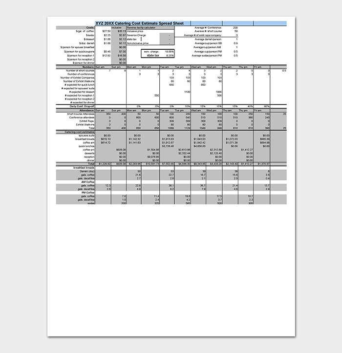 Catering Cost Estimator Worksheet