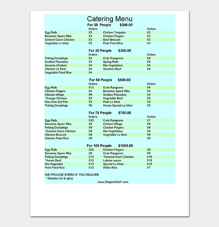 Catering Menu Excel