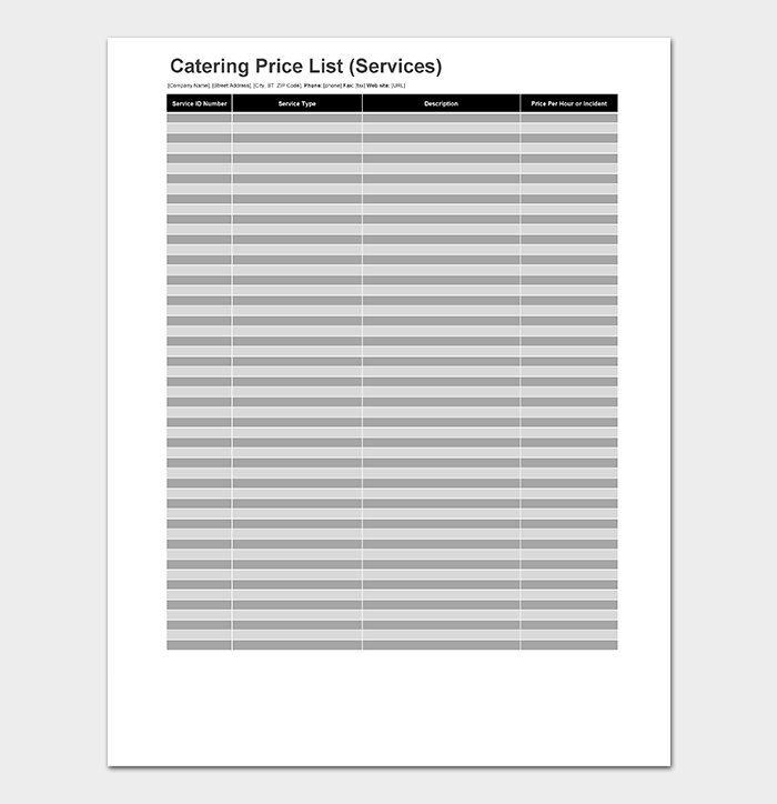 Catering Price list Template Excel