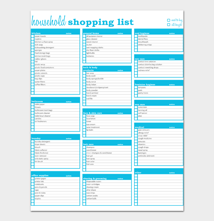 Shopping List Household Products - OpenOffice template