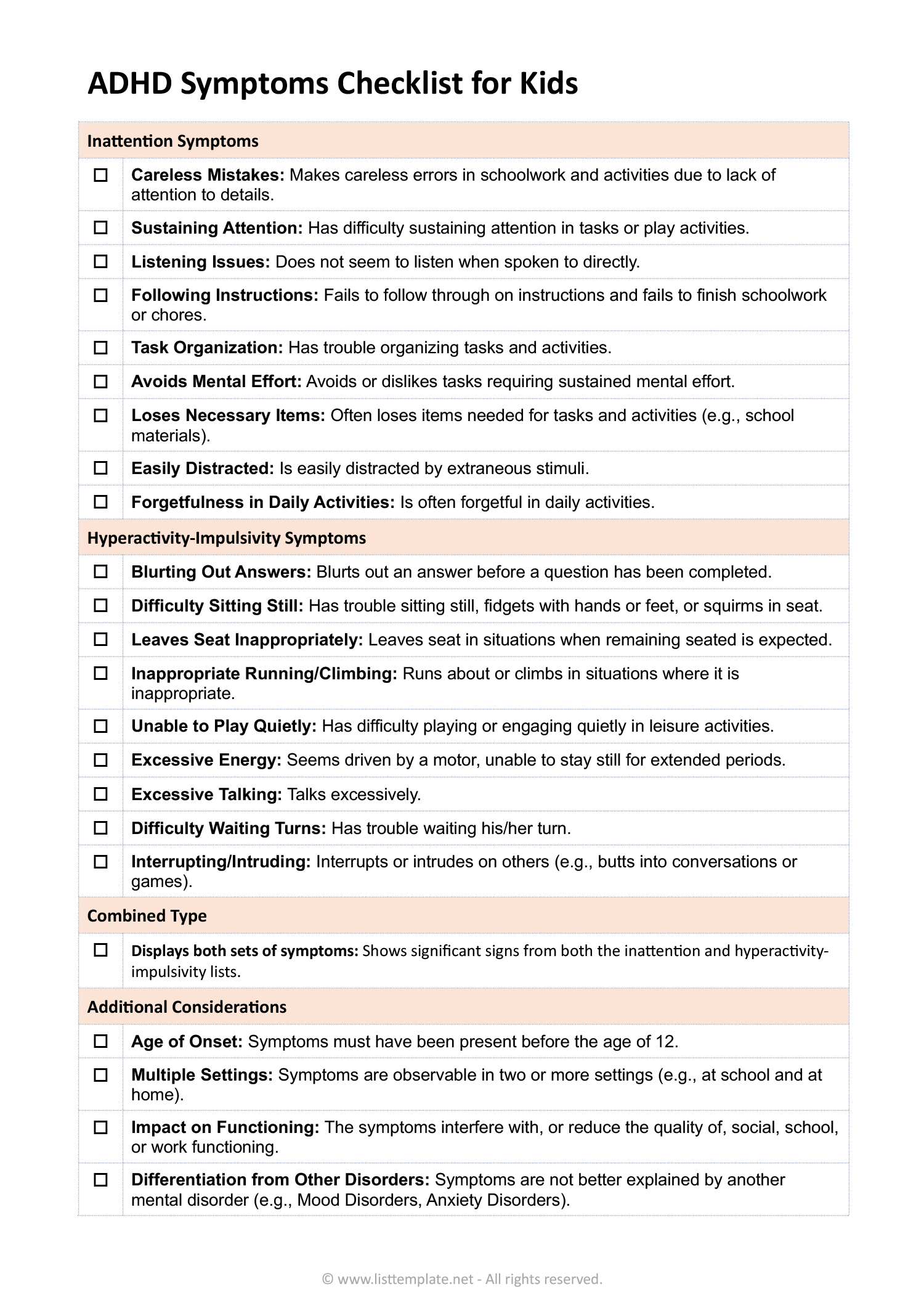 Checklist of ADHD Symptoms in Kids List Templates