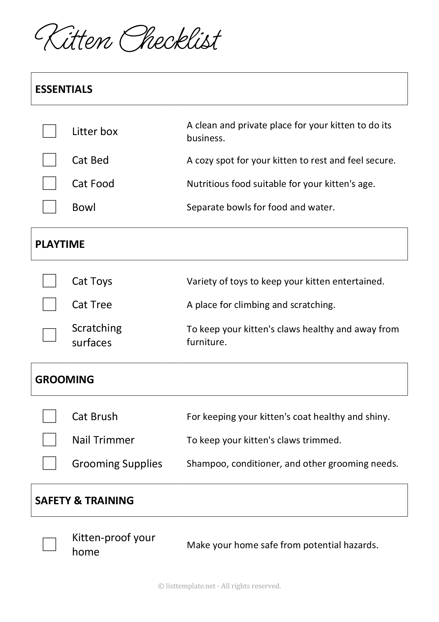 Kitten Checklist - PDF, Google Docs and Word