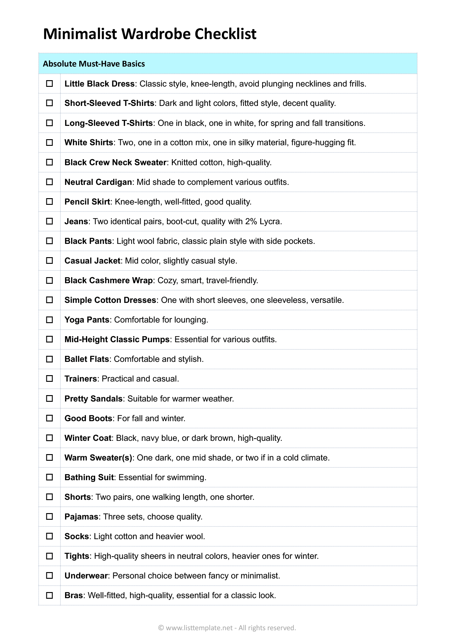 Minimalist Wardrobe Checklist