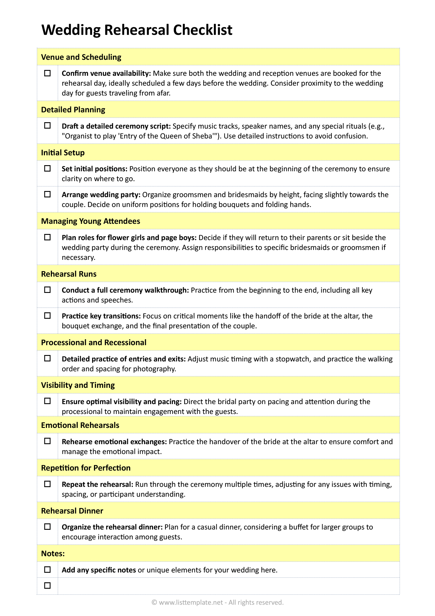 Wedding Rehearsal Checklist - Word, PDF, Google Docs