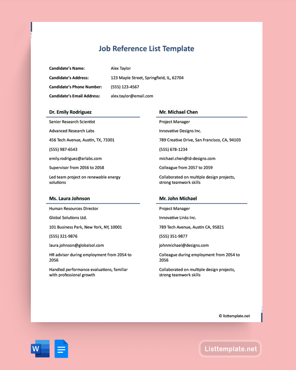 Job Reference List Template - Word, Google Docs