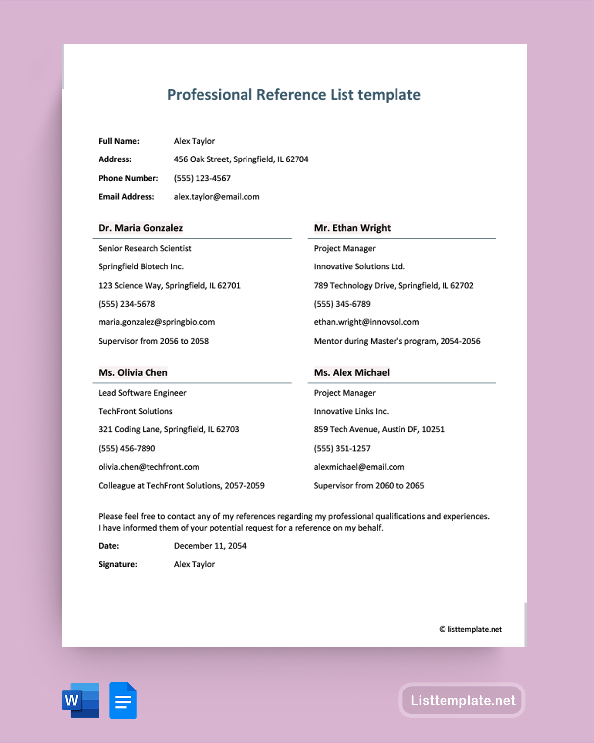 Professional Reference List Template - Word, Google Docs