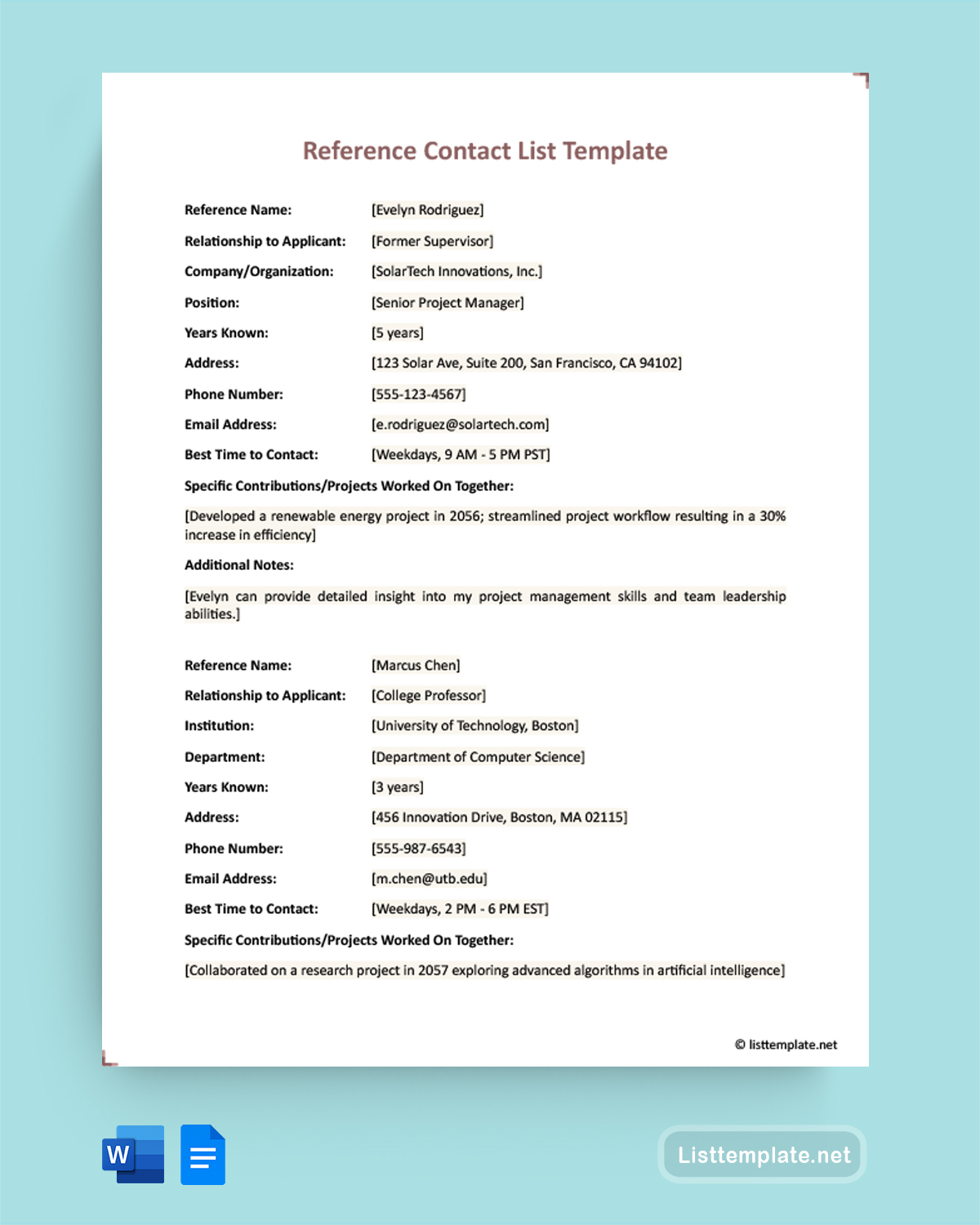 Reference Contact List Template - Word, Google Docs