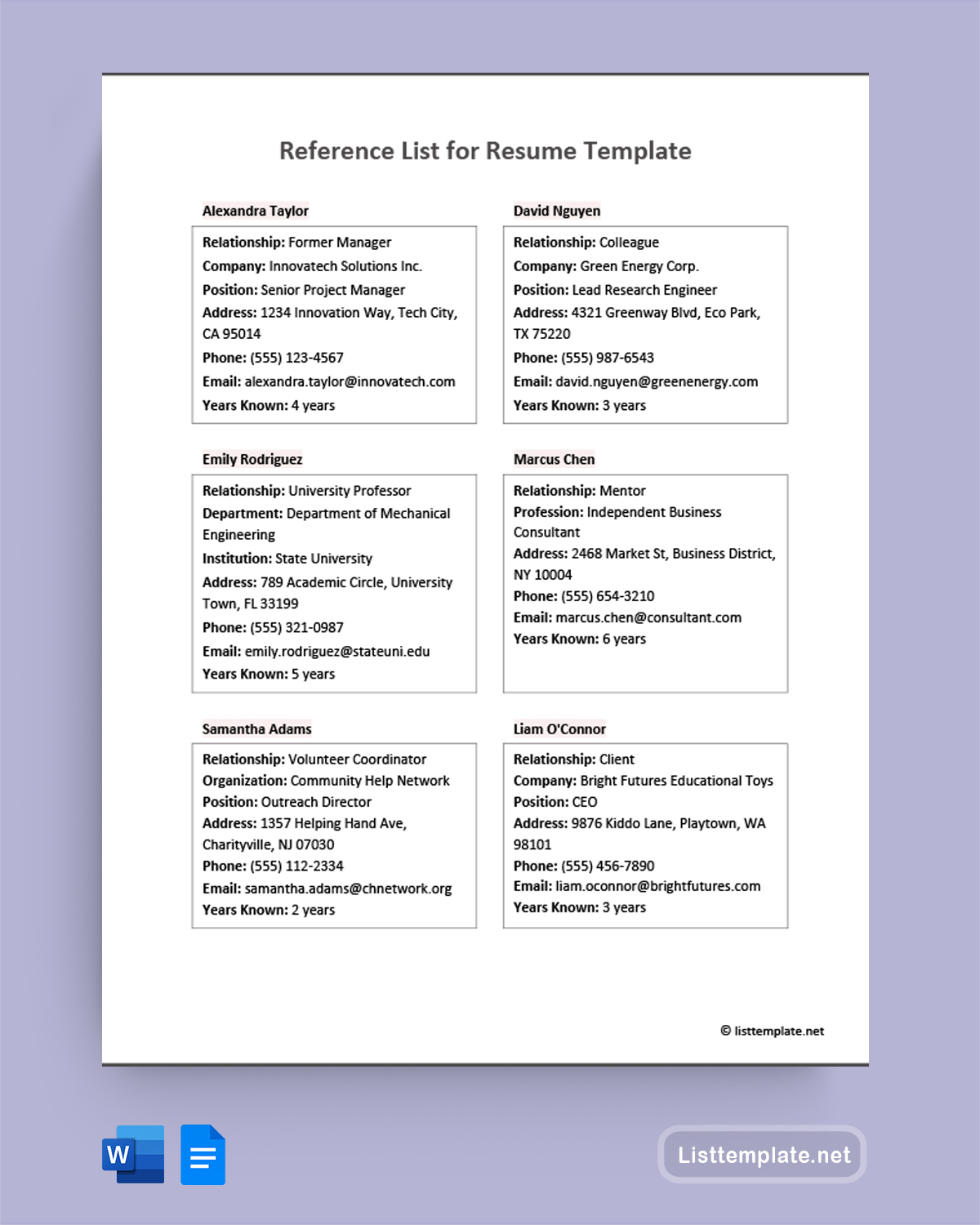 Reference List for Resume Template - Word, Google Docs
