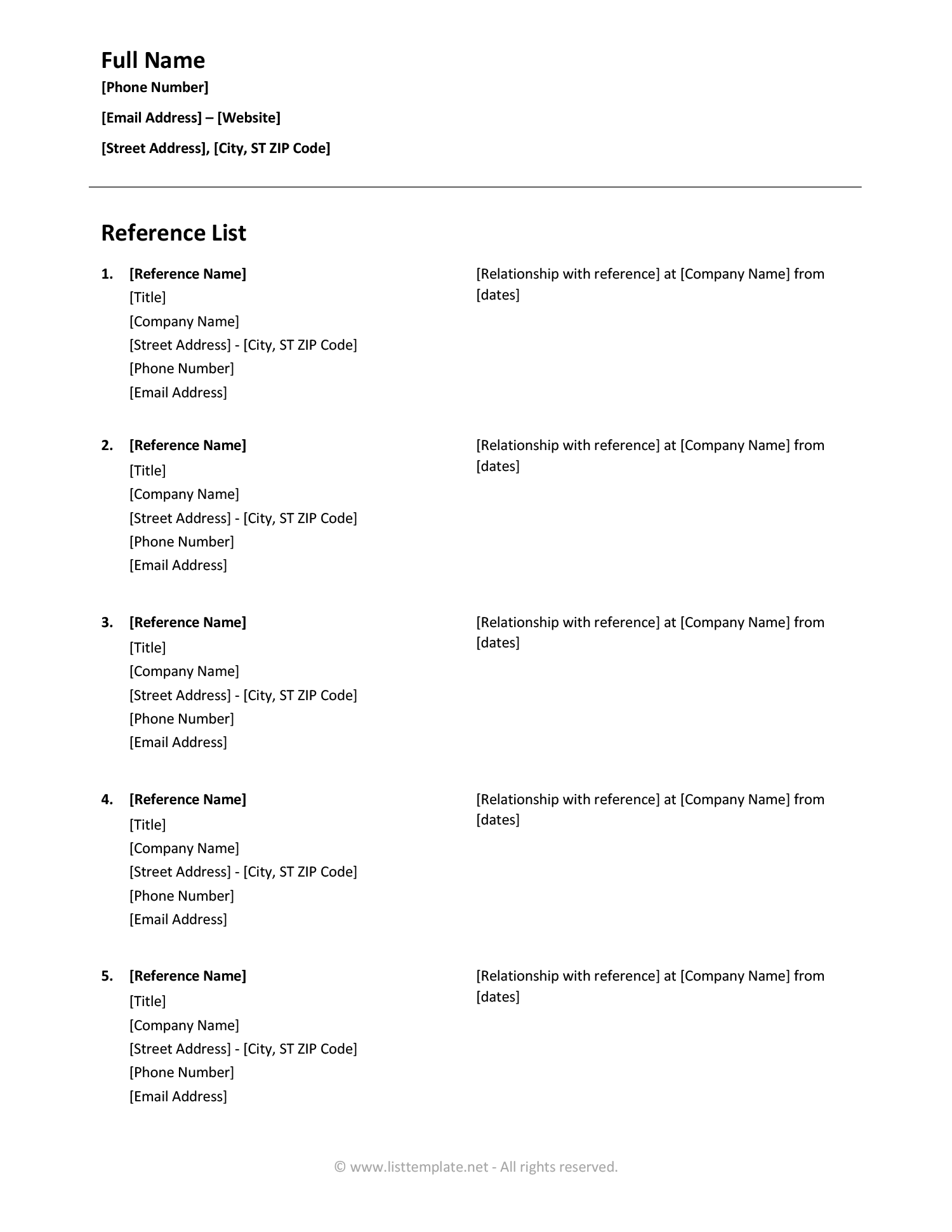 Employment Reference List - Word, Google Docs