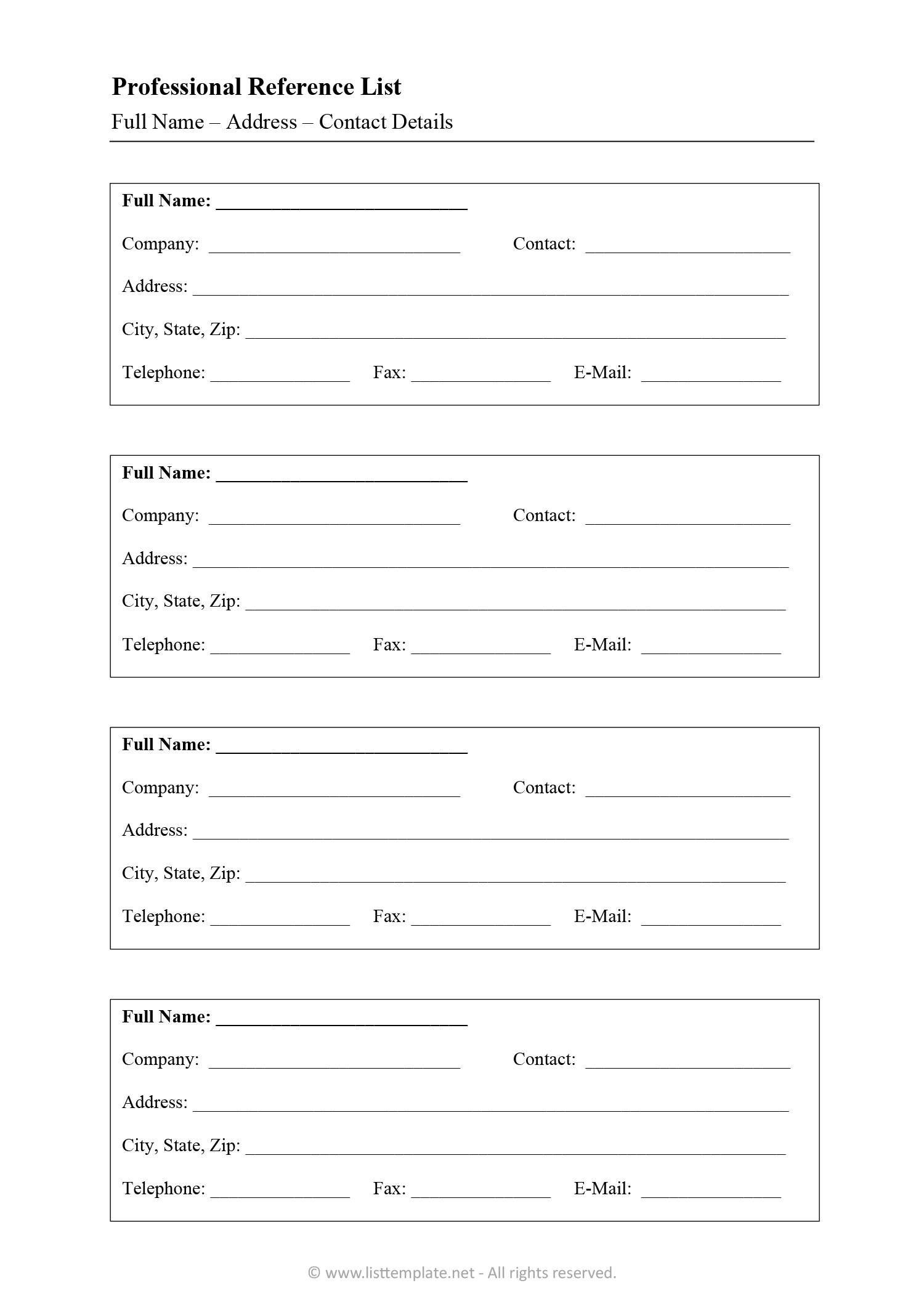 Fillable Professional Reference List