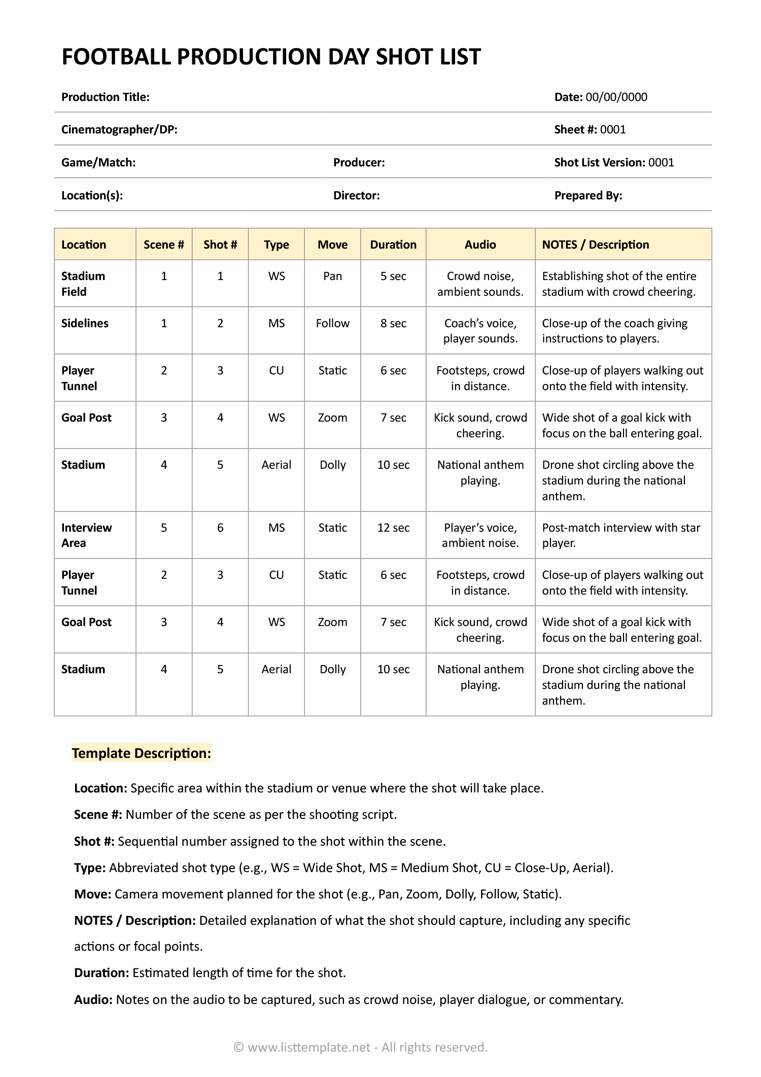 Football Production Day Shot List Template