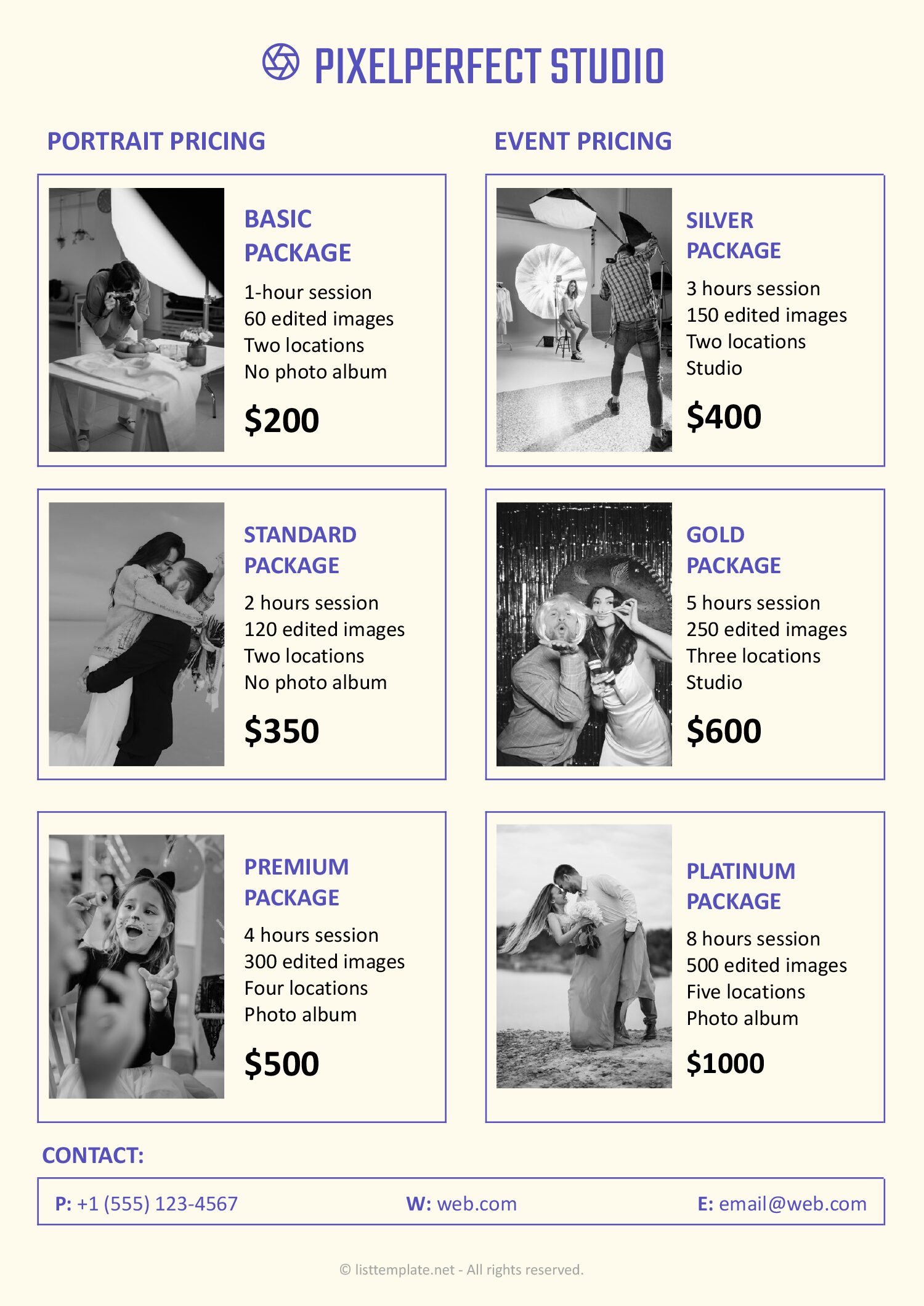 Photography Price List Template in Google Docs and Word
