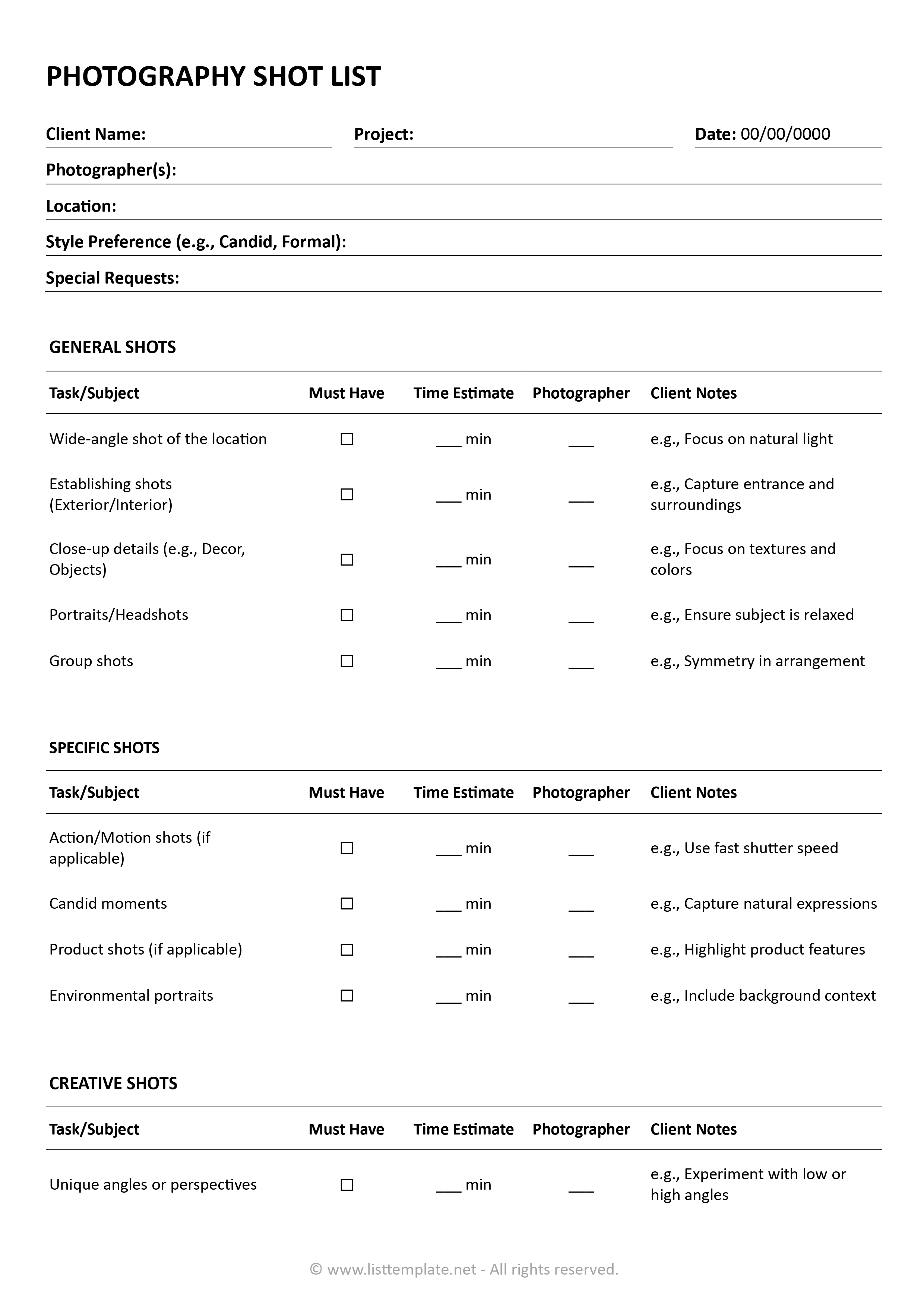 Photography Shot List - Page 01