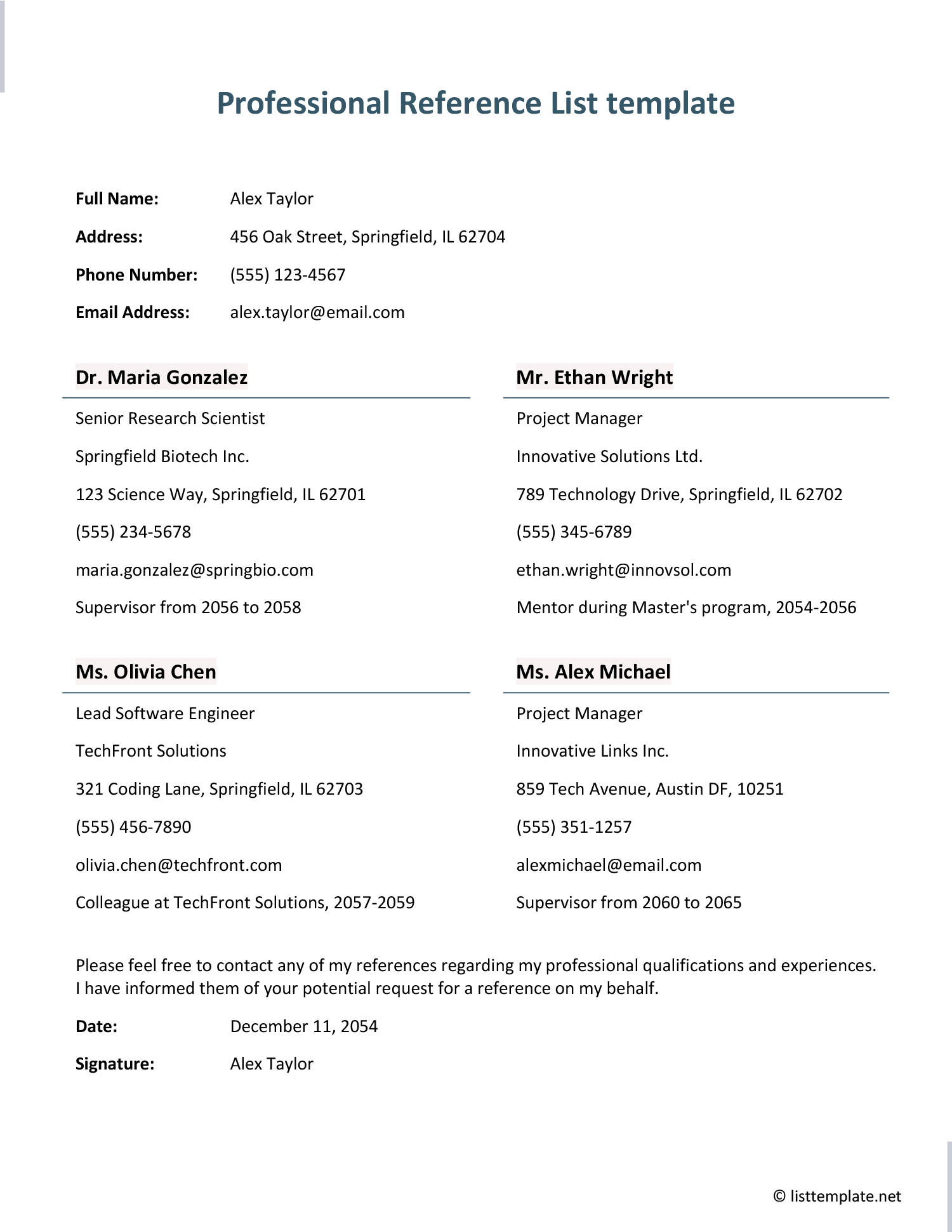 Professional Reference List Template