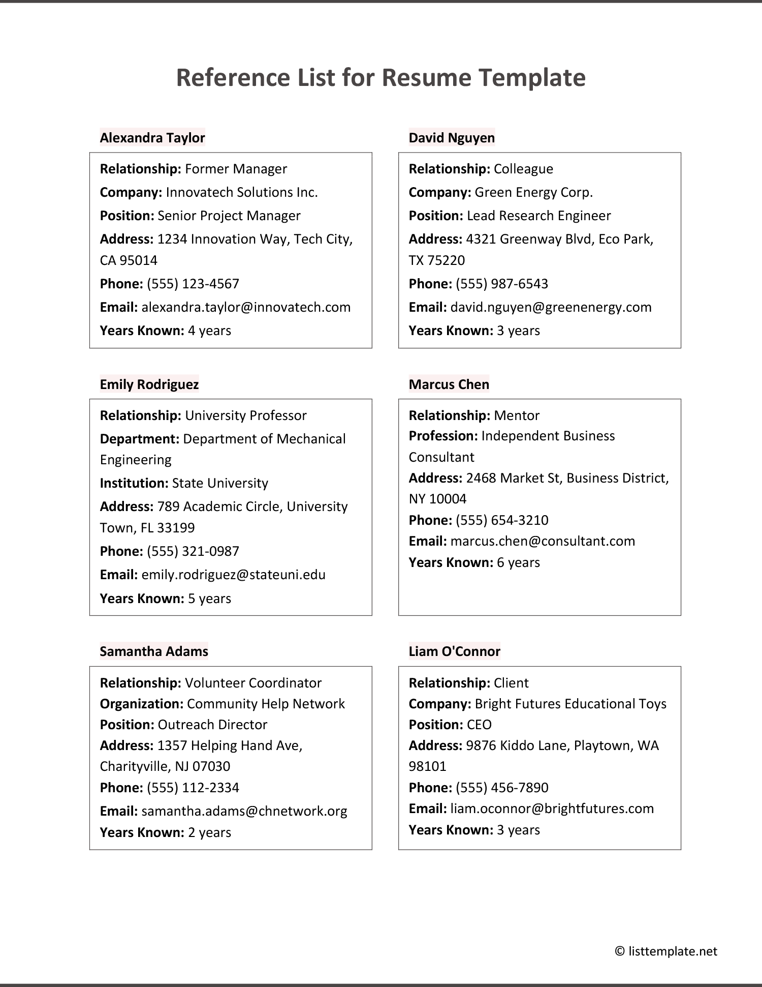 Reference List for Resume Template - Word and Google Docs
