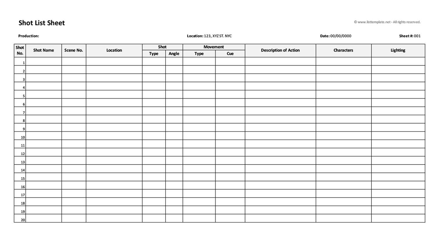 Shot List Template - Excel and Google Sheets