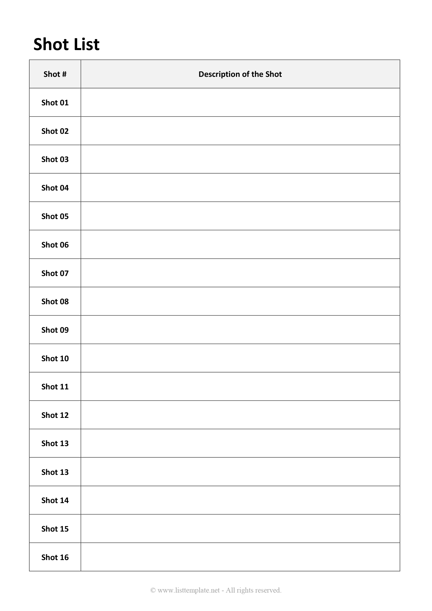 Two Column Minimal Shot List Template