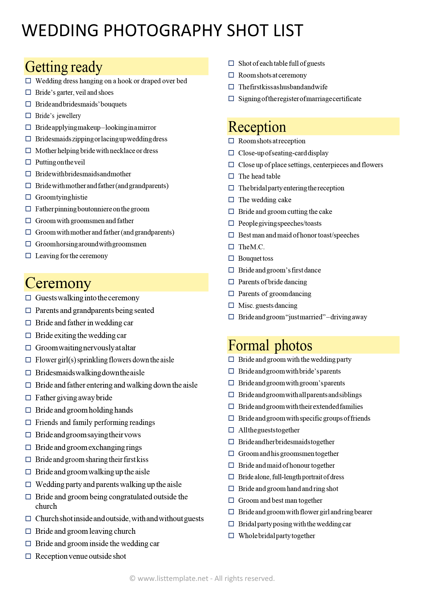 Wedding Photography Shot List