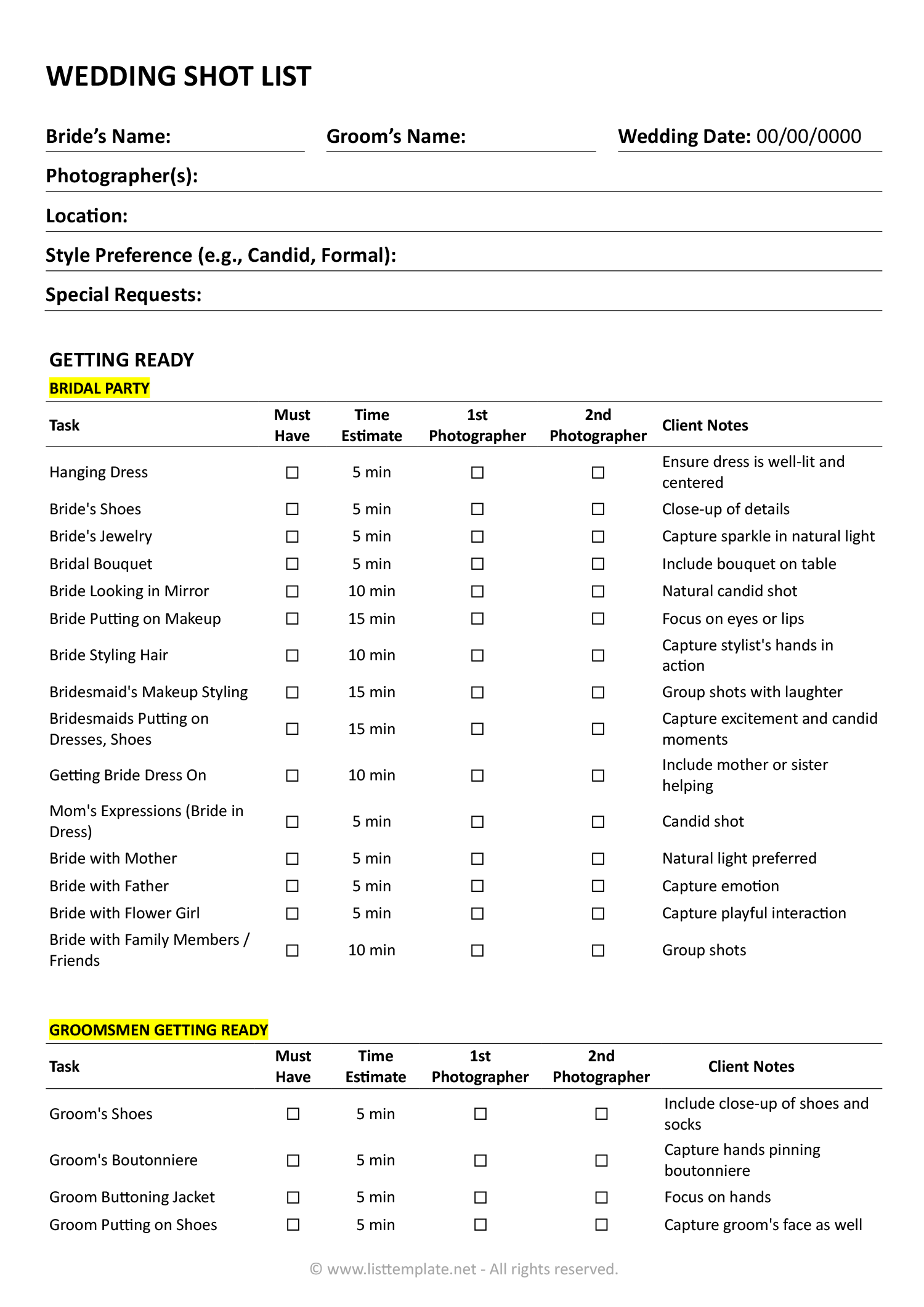 Wedding Shot List Template for Google Docs and Word