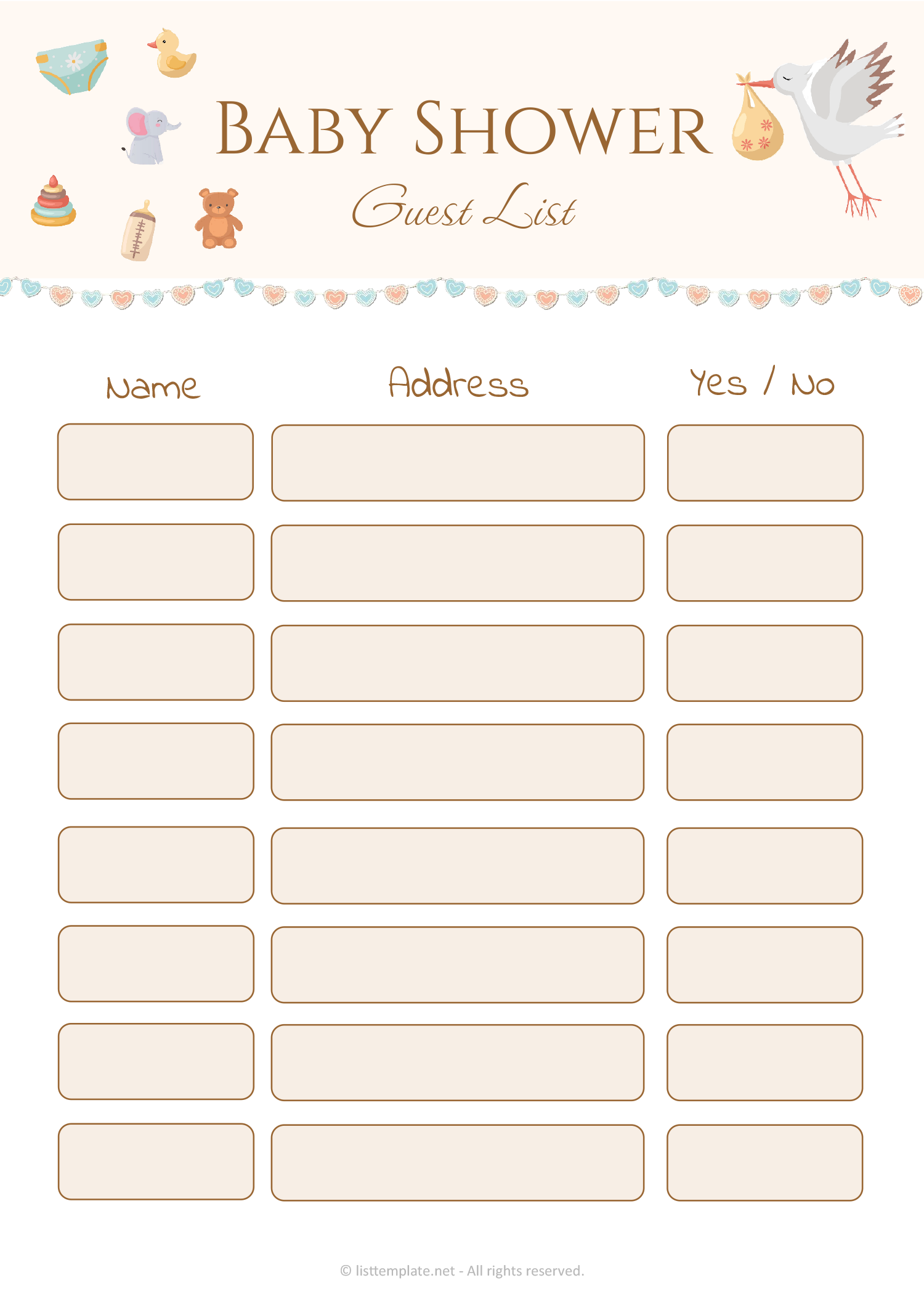 Baby Shower Guest List Template - Word, Google Docs, PDF