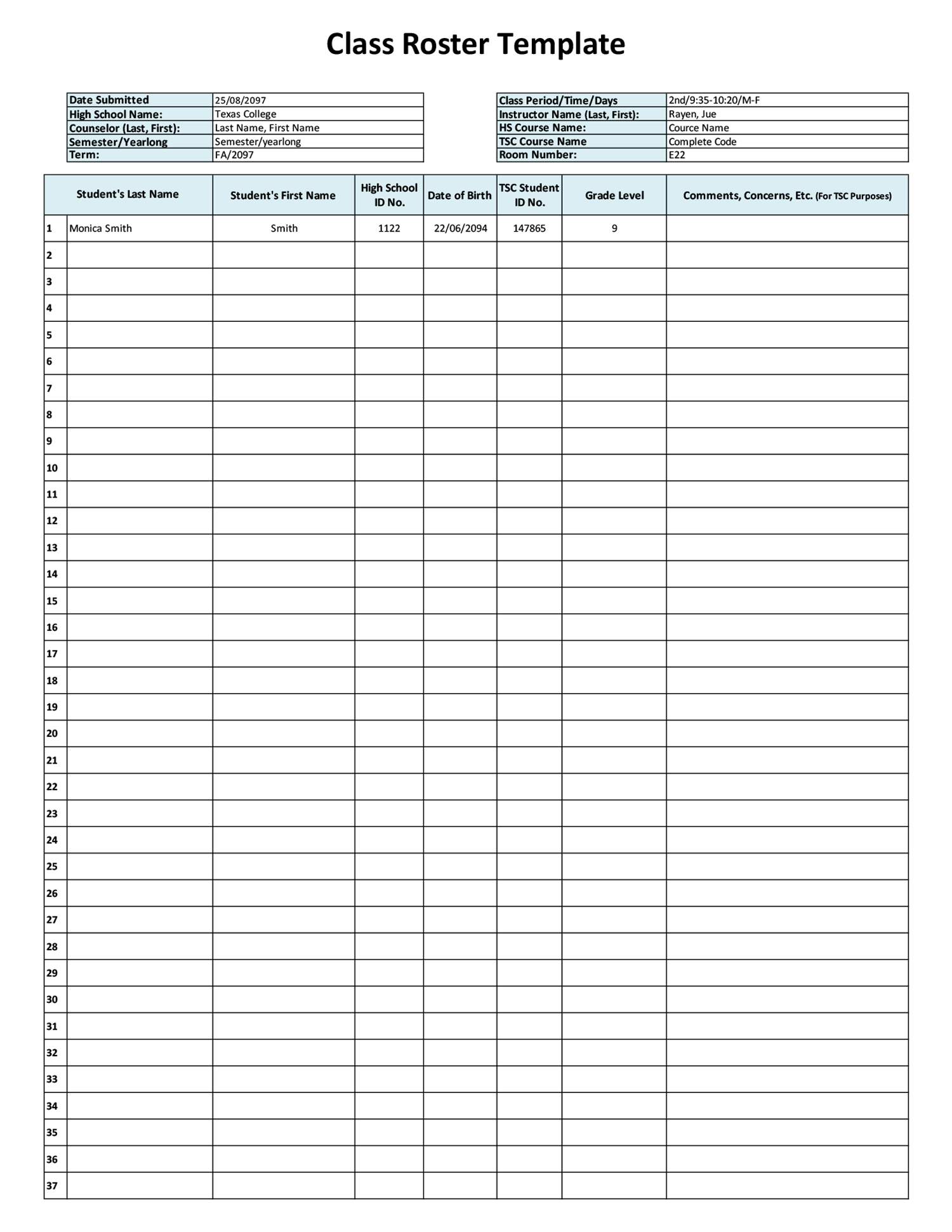 Class Roster Template - Excel
