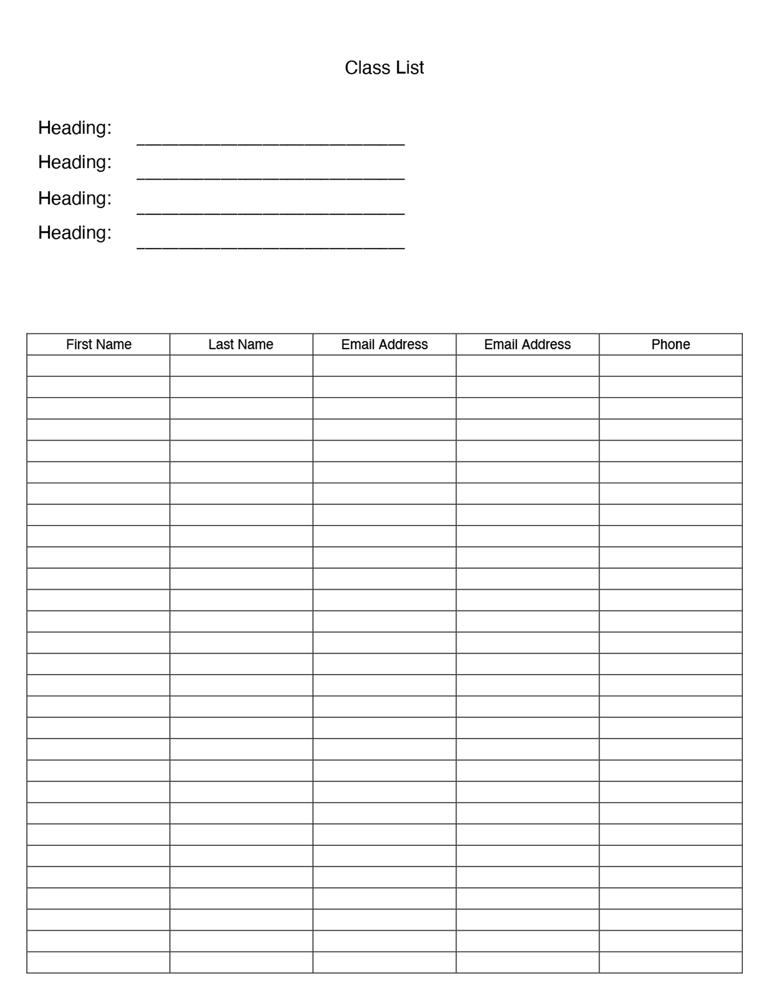 Editable Blank Class List in PDF