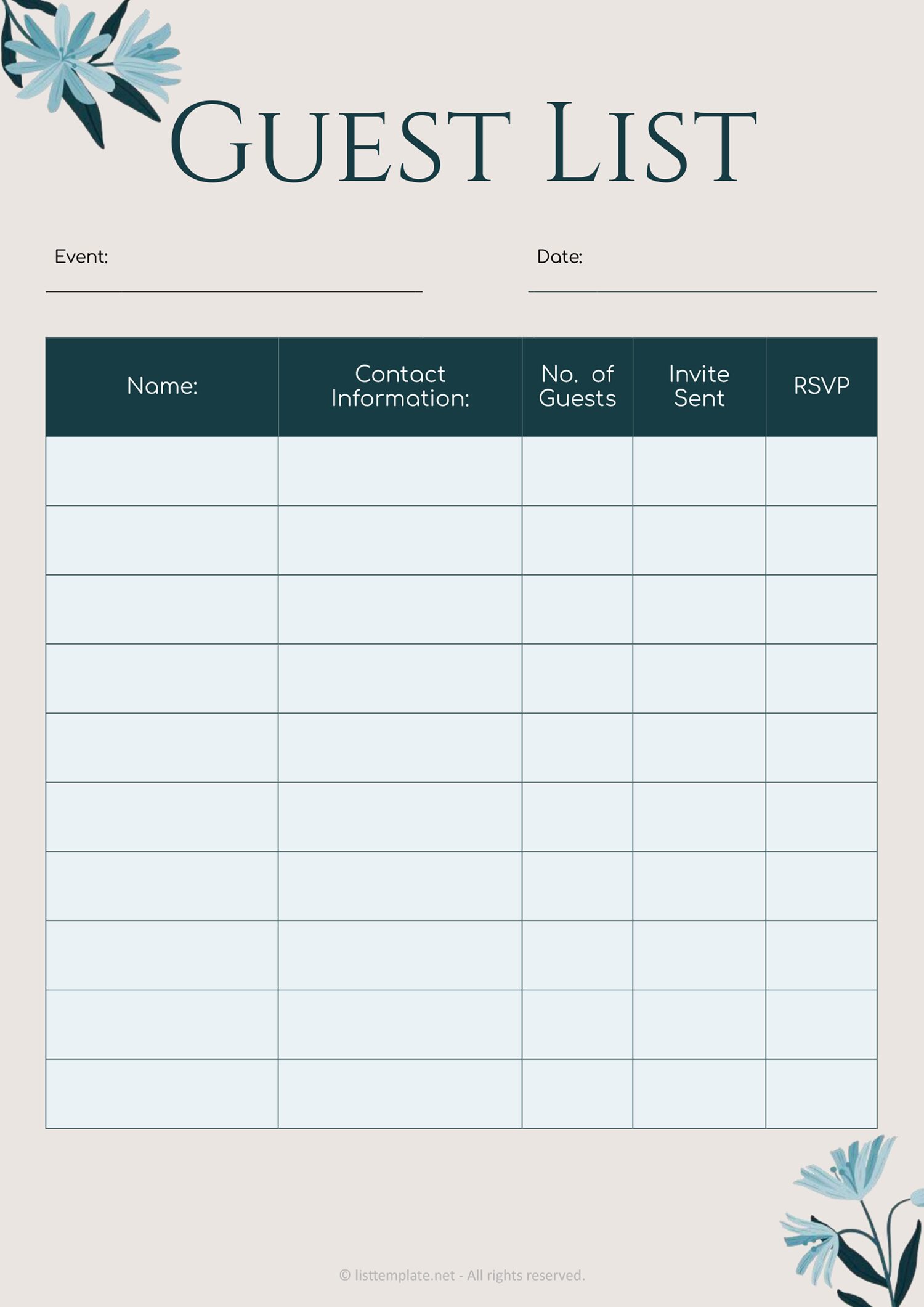Event Guest List Template - Word, Google Docs, PDF