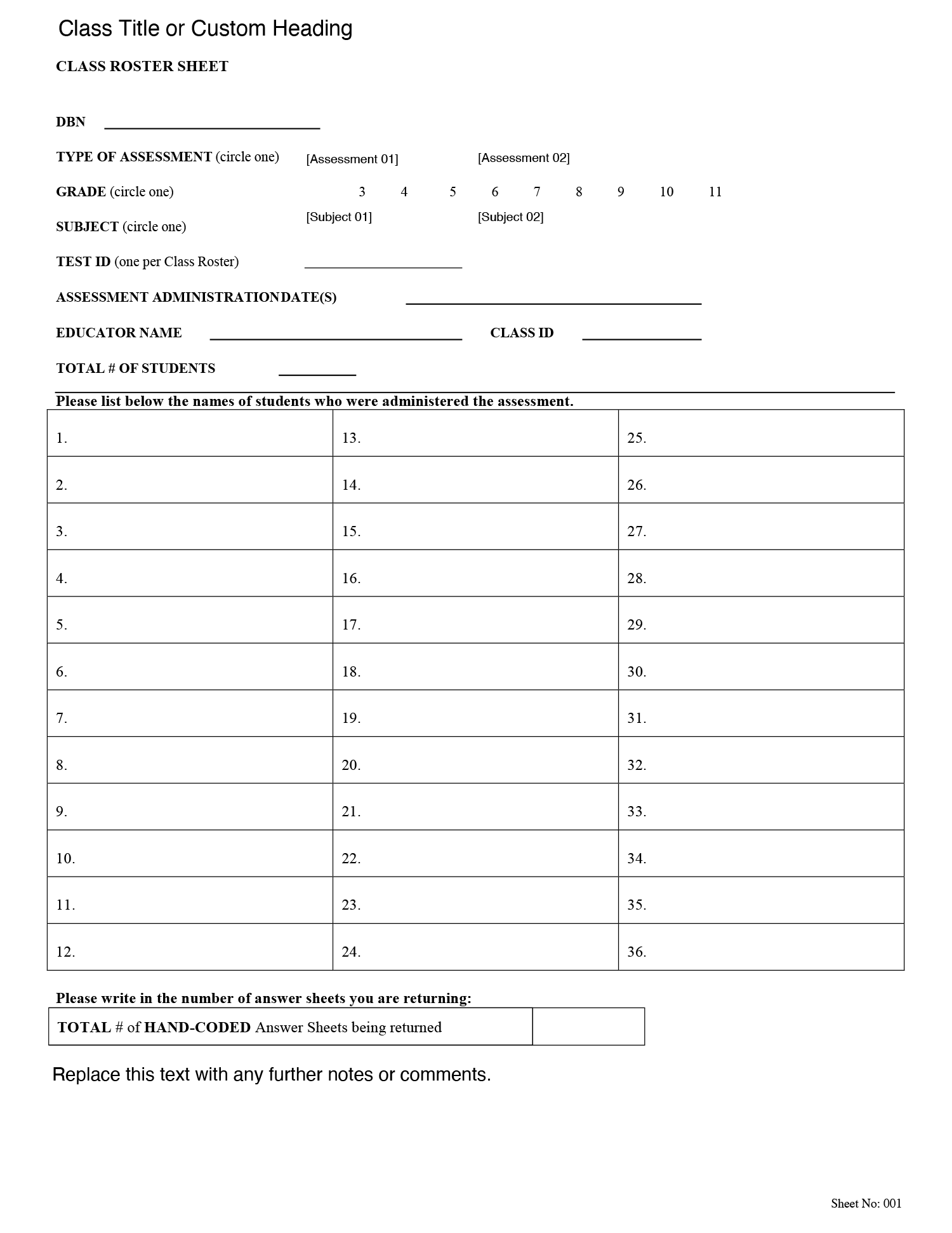 Fillable Class Roster Template in PDF