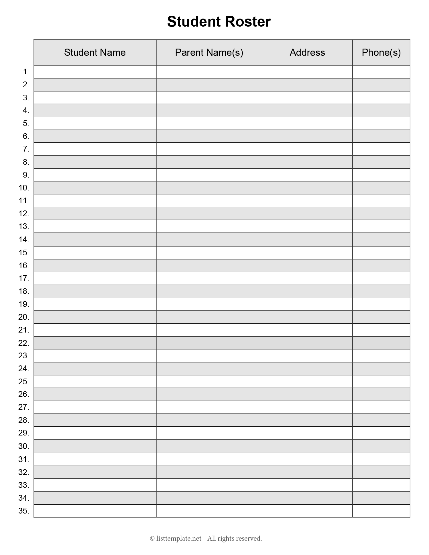 Fillable Student Roster Template