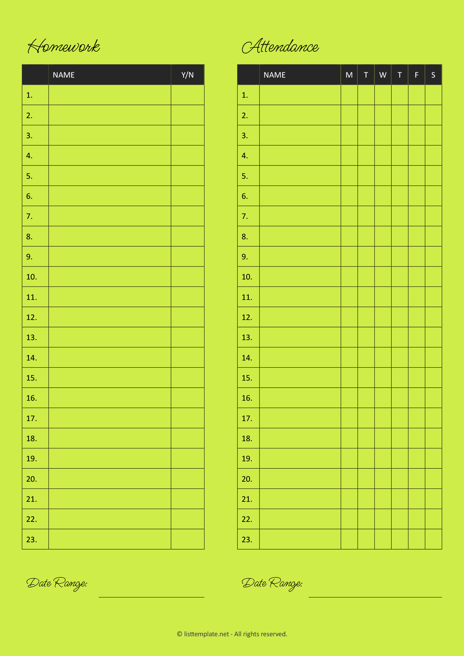 Homework and Attendance Class List