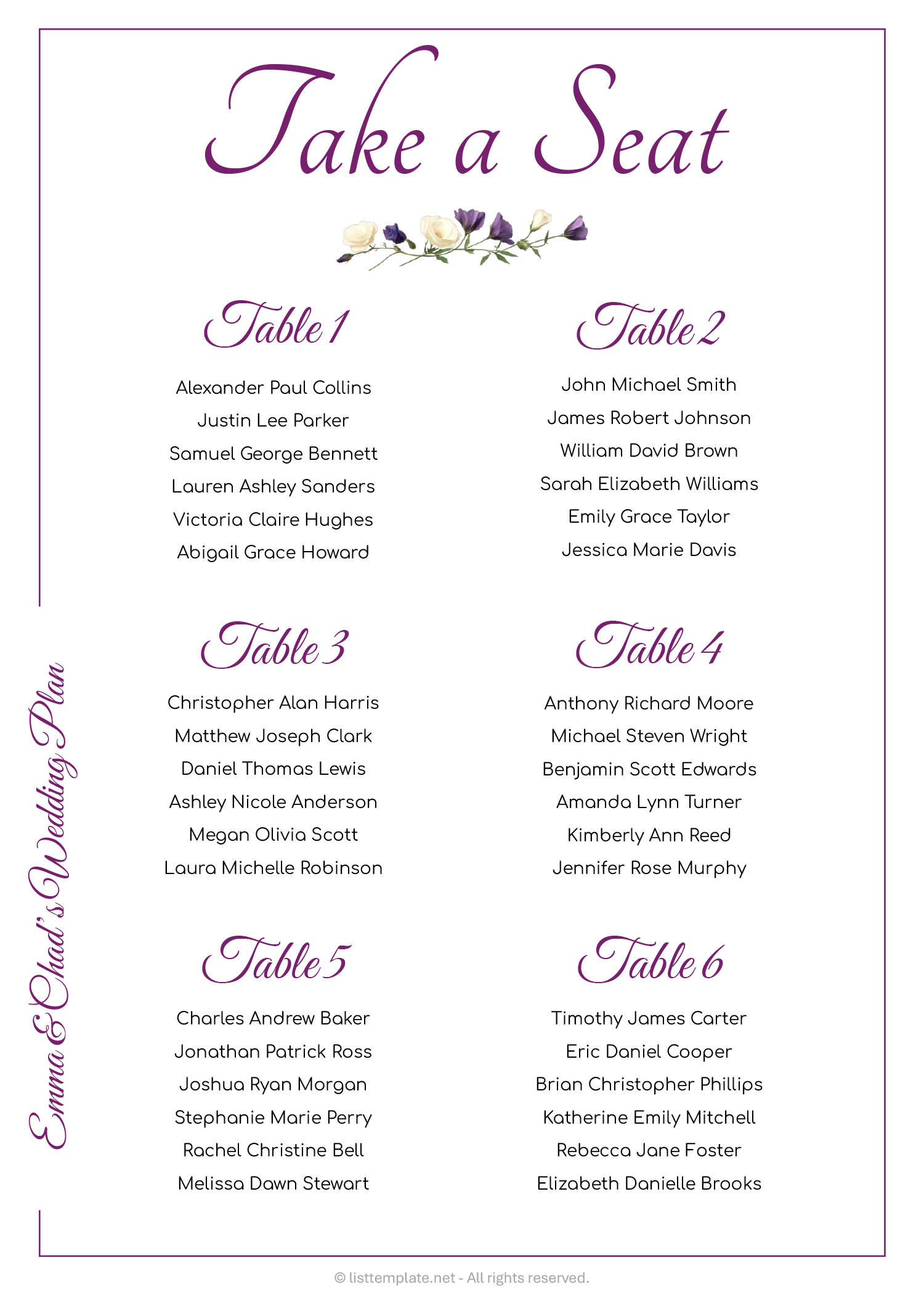 Lavender Seating Plan Template - Google Docs | Word