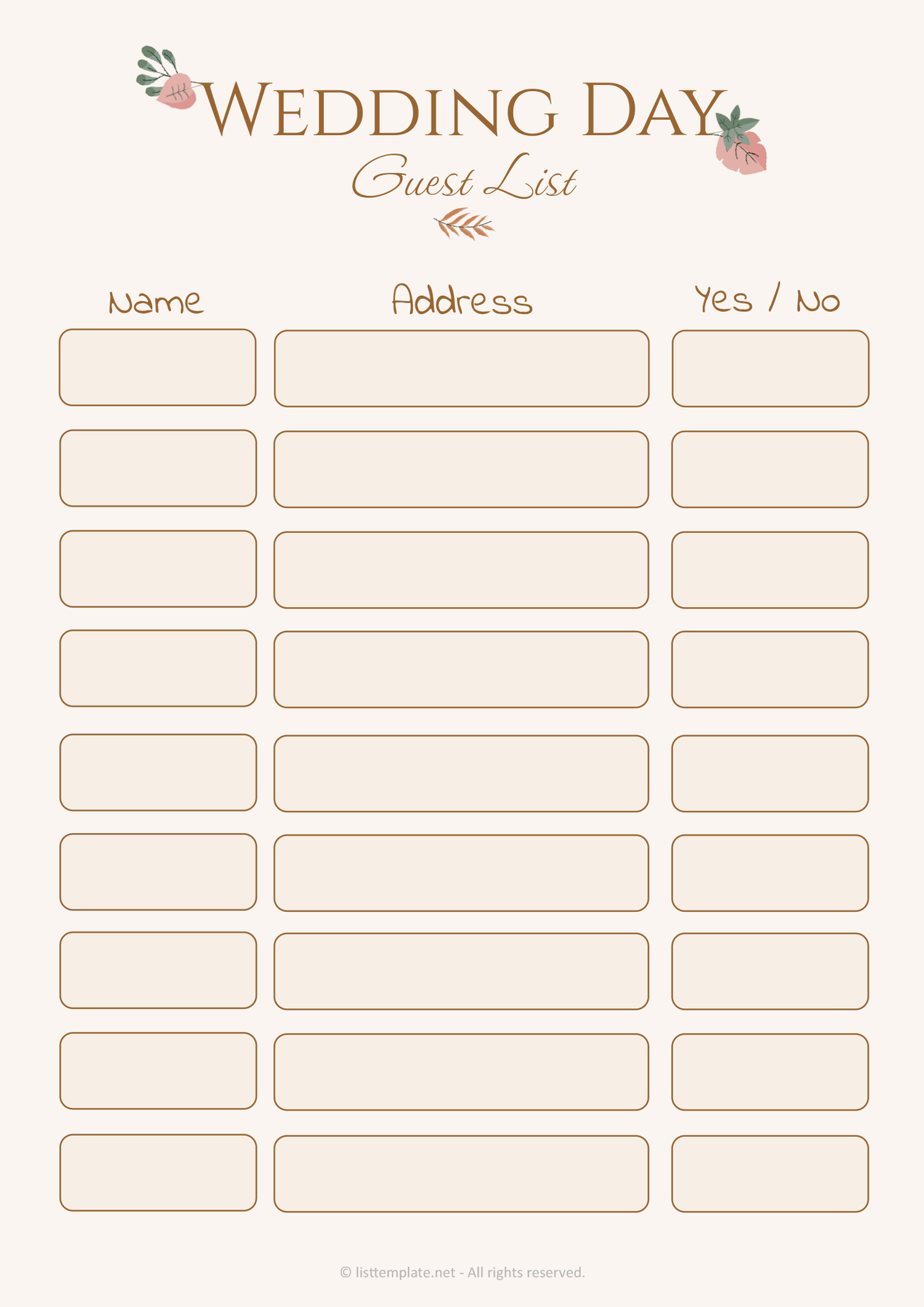 Minimal Beige Wedding Guest List Template
