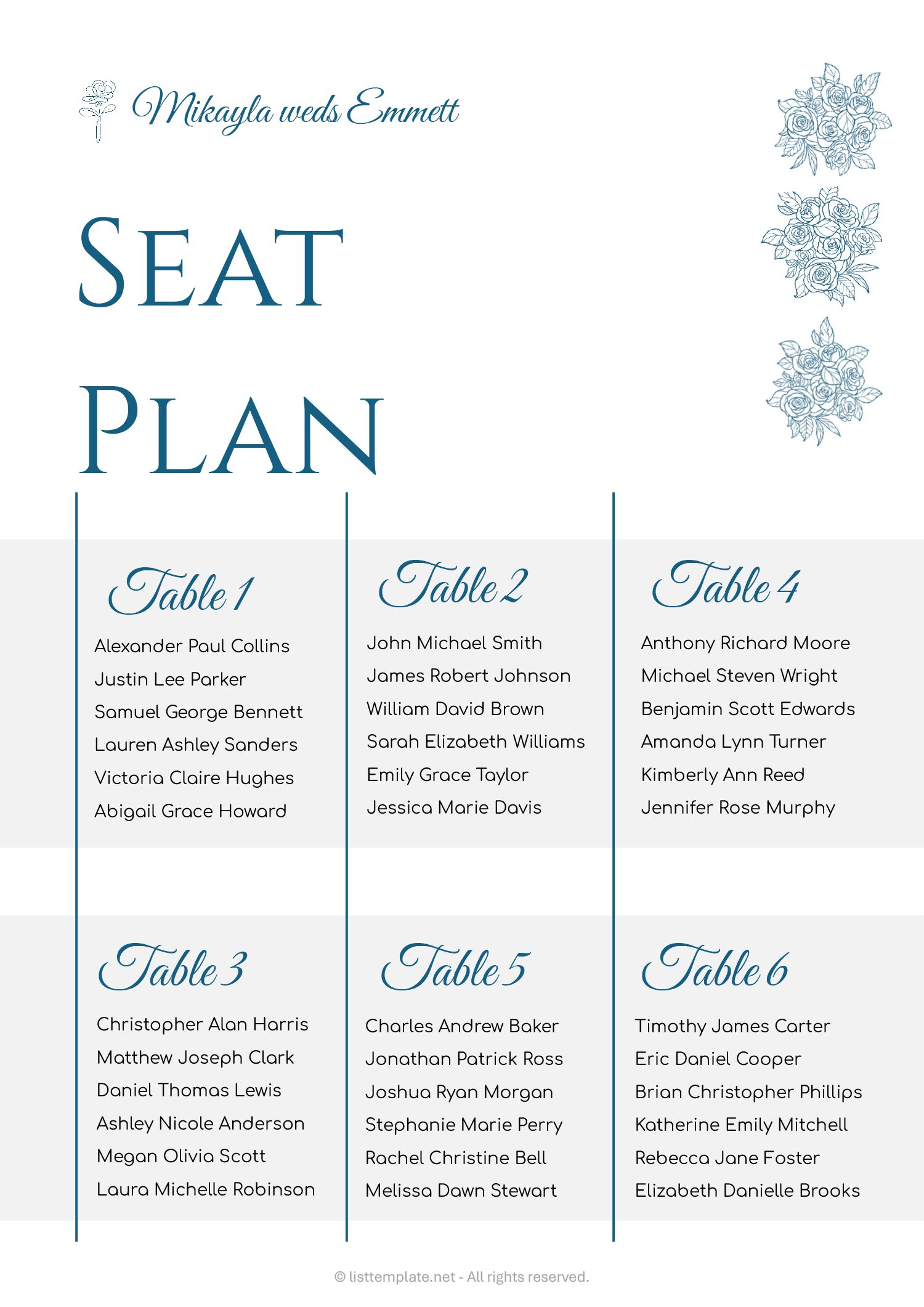Minimal Seating Plan Template - Google Docs | Word