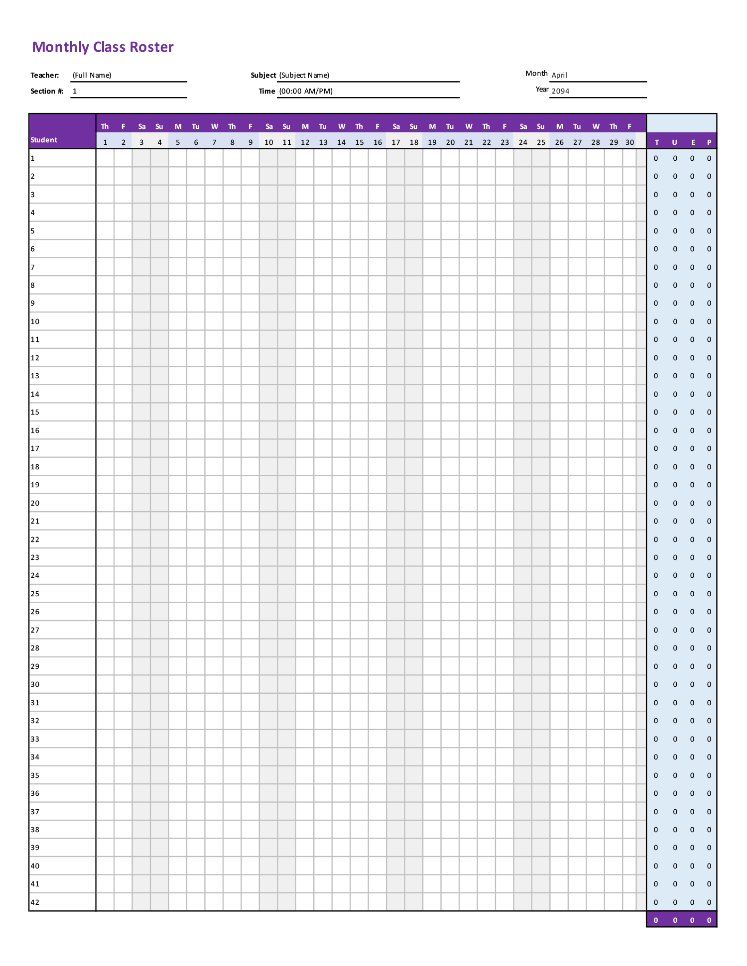 Monthly Class Roster in Excel and Google Sheets