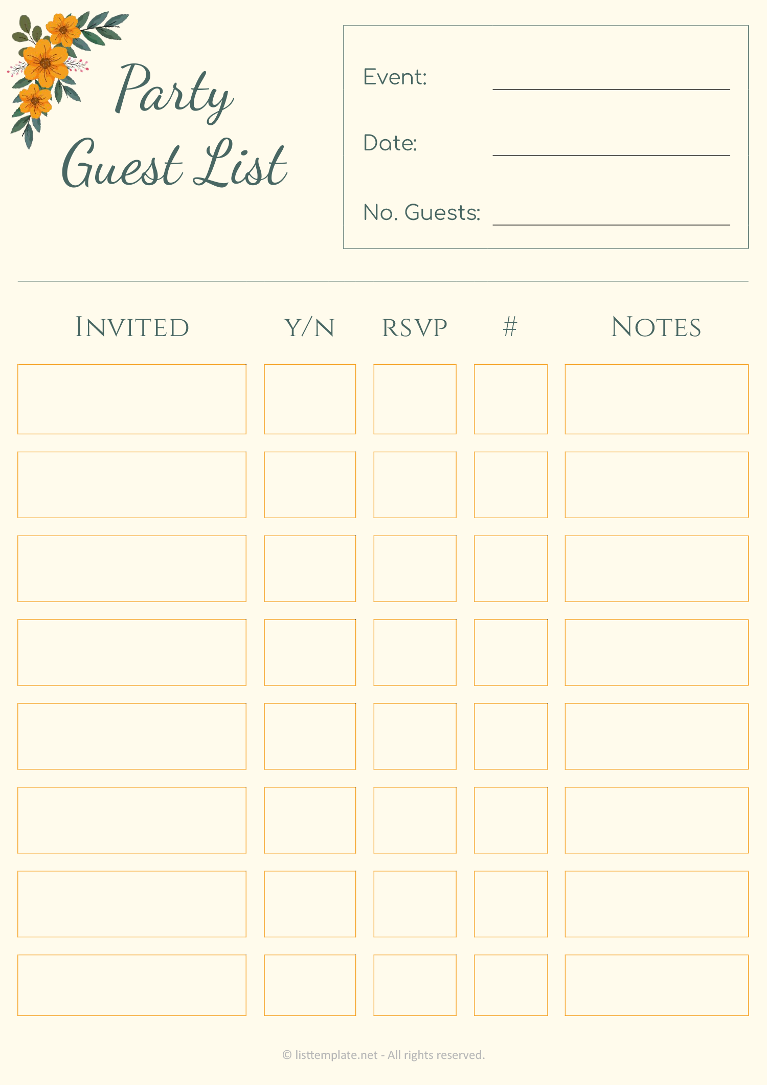 Party Guest List Template - Word, Google Docs, PDF