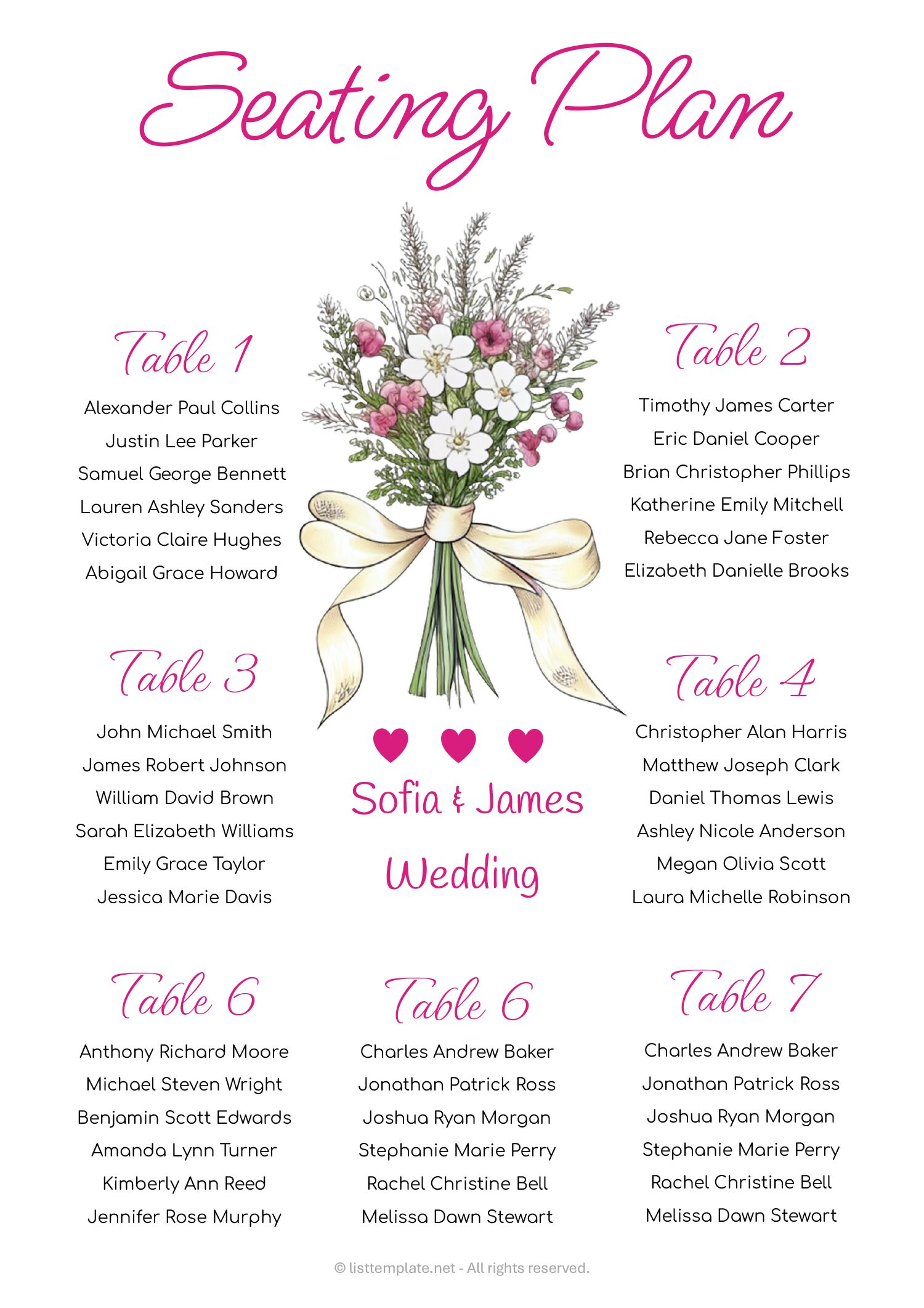 Pink Floral Seating Plan Template - Google Docs | Word