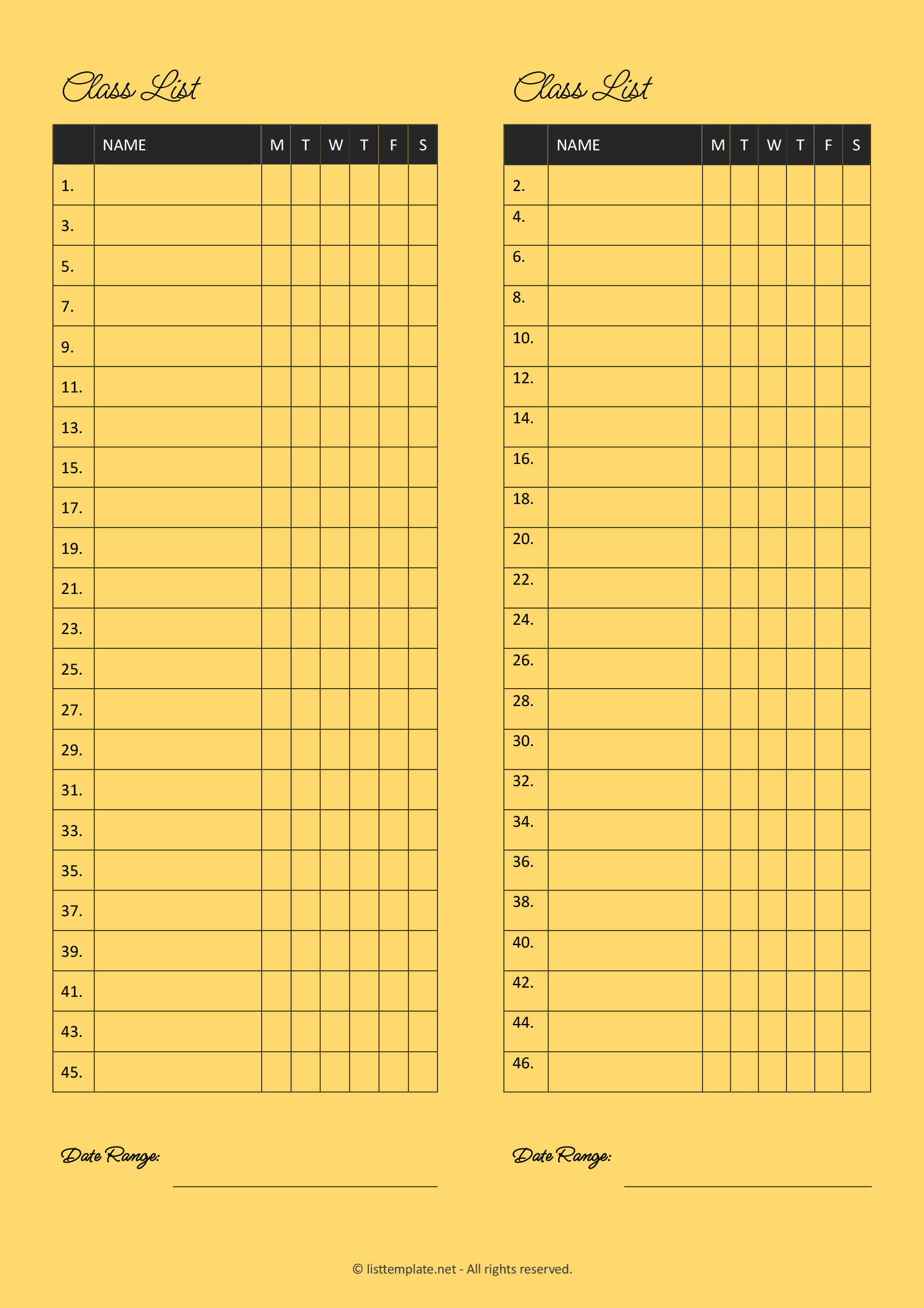 Two Column Class List in Word and PDF