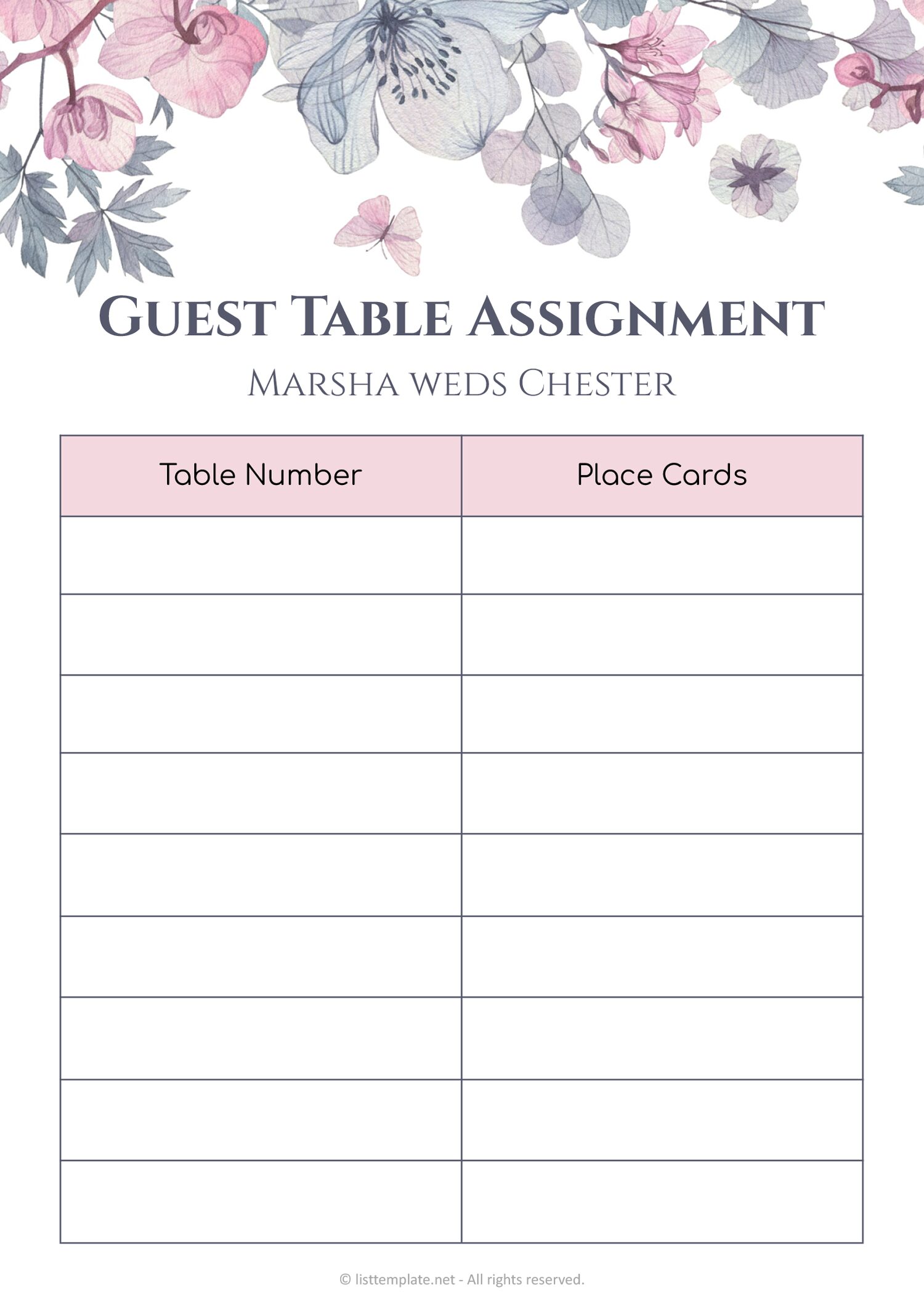 Wedding Guest Table Assignment Template