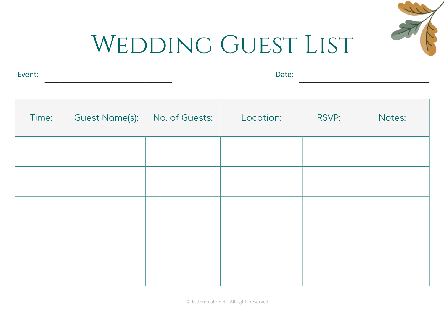 Wedding Party Guest List Template - Word, Google Docs