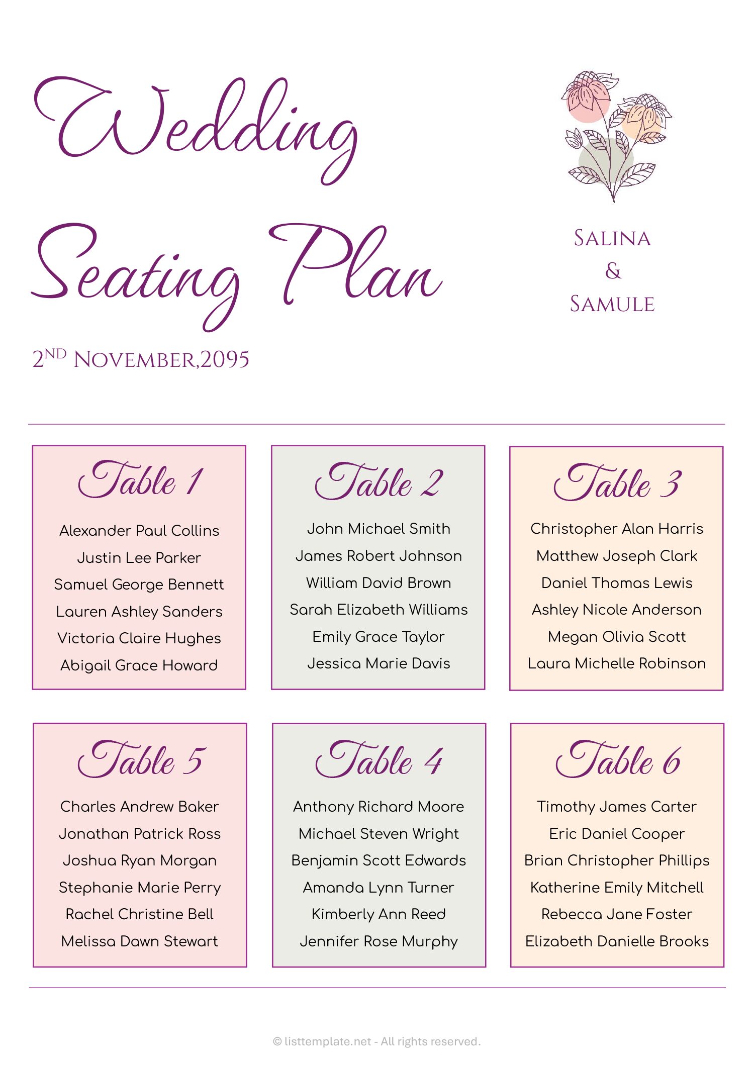 Wedding Seating List Template - Word, Google Docs, PDF