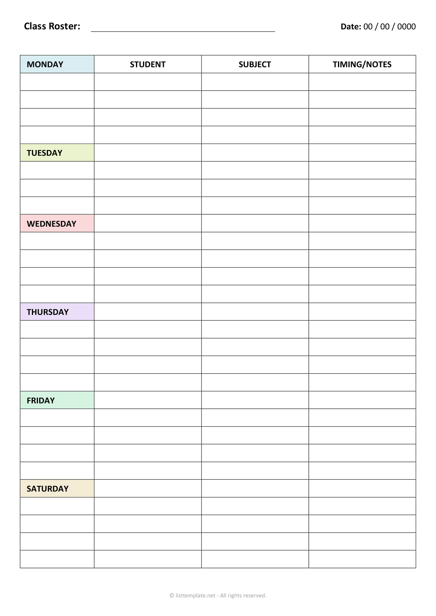 Weekly Class Roster Template